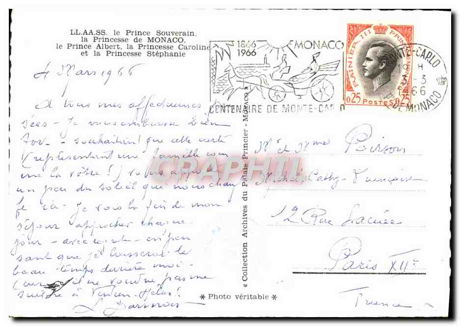 La famille du Prince Albert de Monaco — Centenaire de Monte-Carlo — 1966 — Verso