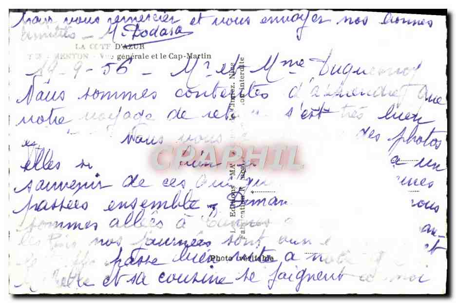 CPM La Cote d'Azur Menton Vue Generale Et le Cap Martin — Rückseite