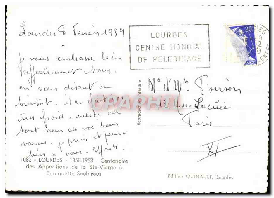 CPM Souvenir Du Centenaire Des Apparitions Lourdes — Verso