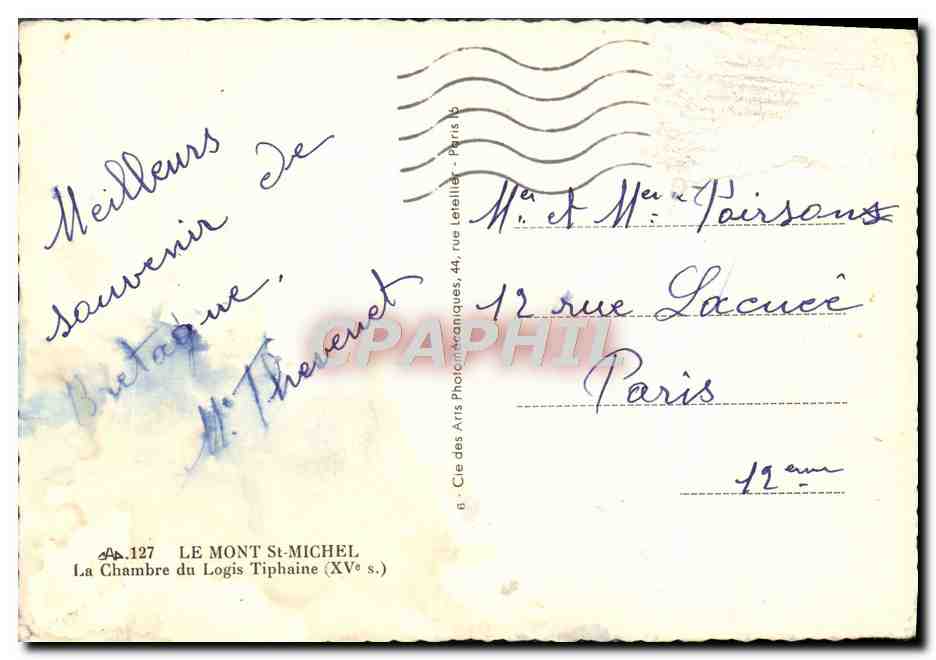 La Chambre du Logis Tiphaine — XVᵉ siècle — Cie des Arts Photographiques, Paris — Verso