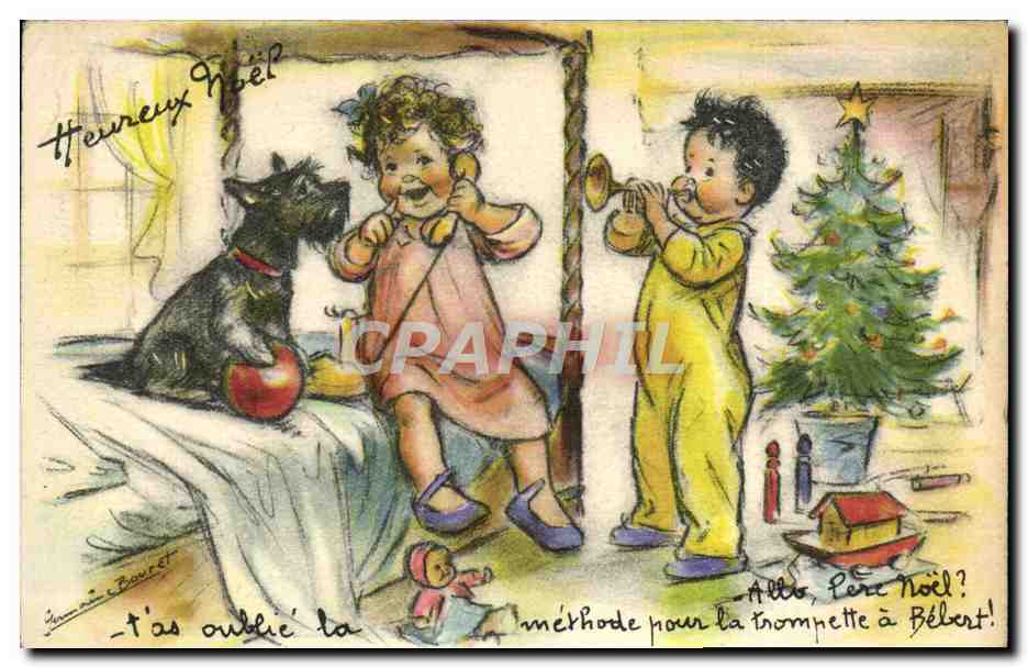 CPA Enfants Germaine Bourret Chien Trompette