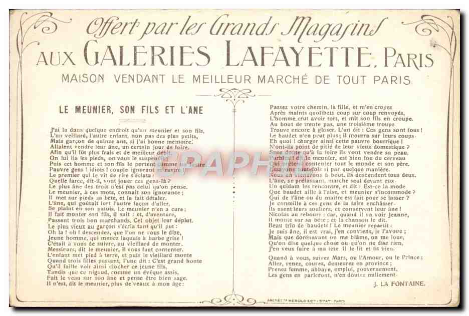 CPA Le Meunier Son Fils Et L'Ane Aux Galeries Lafayette  — Rückseite