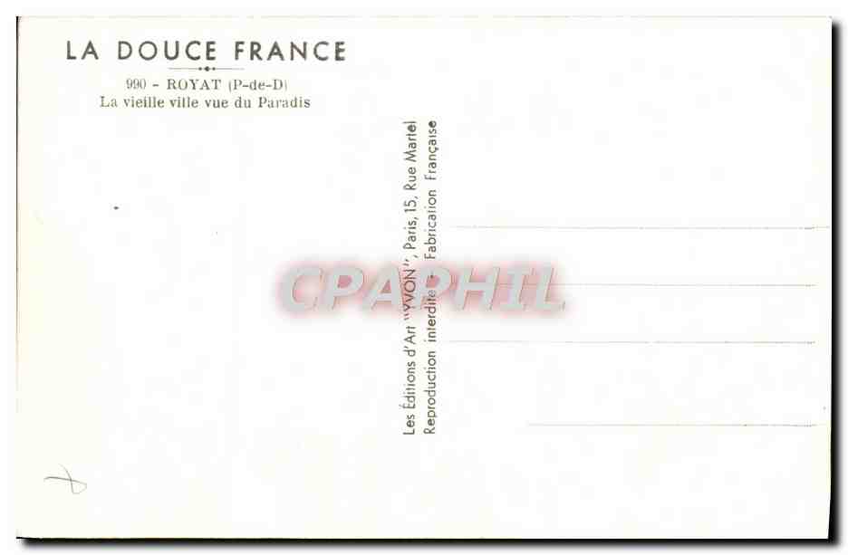 Royat (P-de-D) — La vieille ville vue du Paradis — Éditions d'Art 'YVON', Paris — Verso