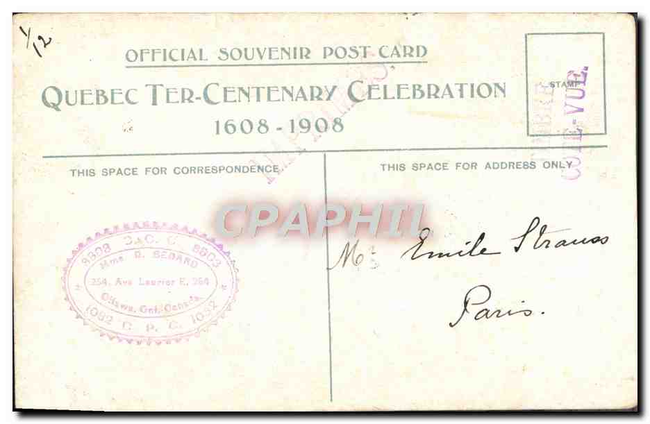 CPA Souvenir Officiel des fetes Du 3eme centenaire du Qebec 1608 1908 — Rückseite