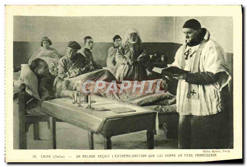 China (Chefoo) — A sick person receives the last rites administered by a Franciscan father — Helio Braun, Paris