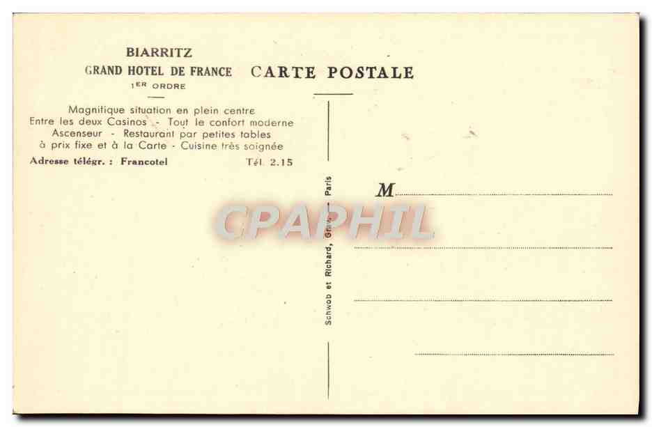 CPA Hotel de France Biarritz — Rückseite
