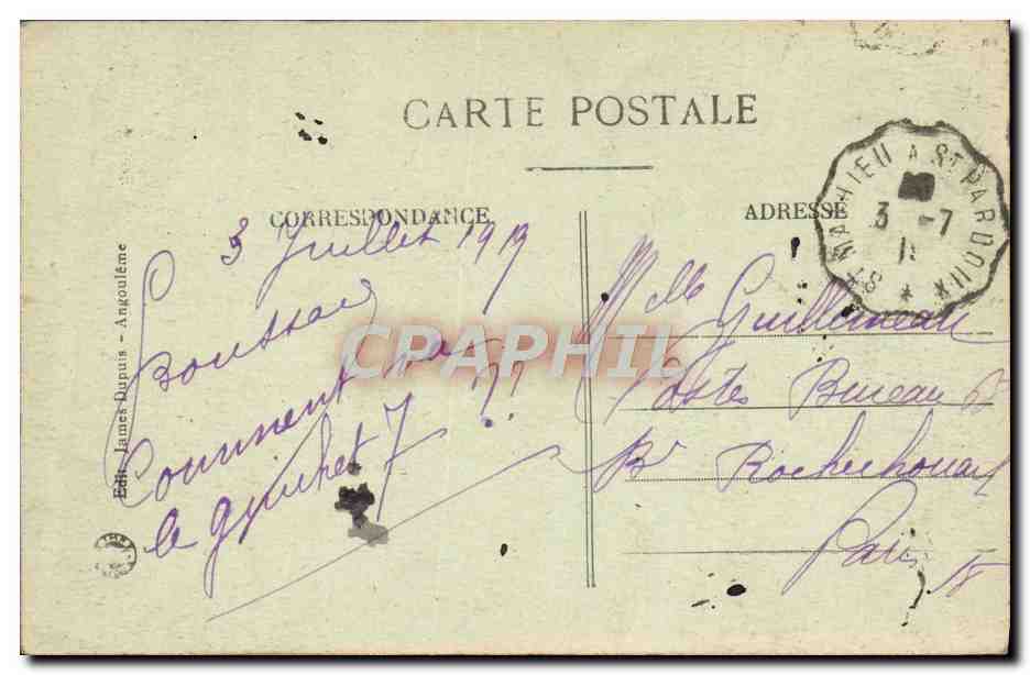 Château-Rochechouart — Confins de la Dordogne et de la Haute-Vienne — Façade sur le Parc — Éditeur: Édité J. Dupuis - Angoulême — Verso