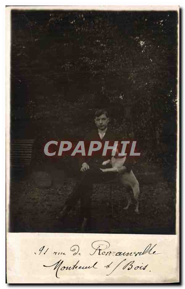 CARTE PHOTO Montreuil sous Bois 91 rue de Romainville Jeune homme avec son chien 