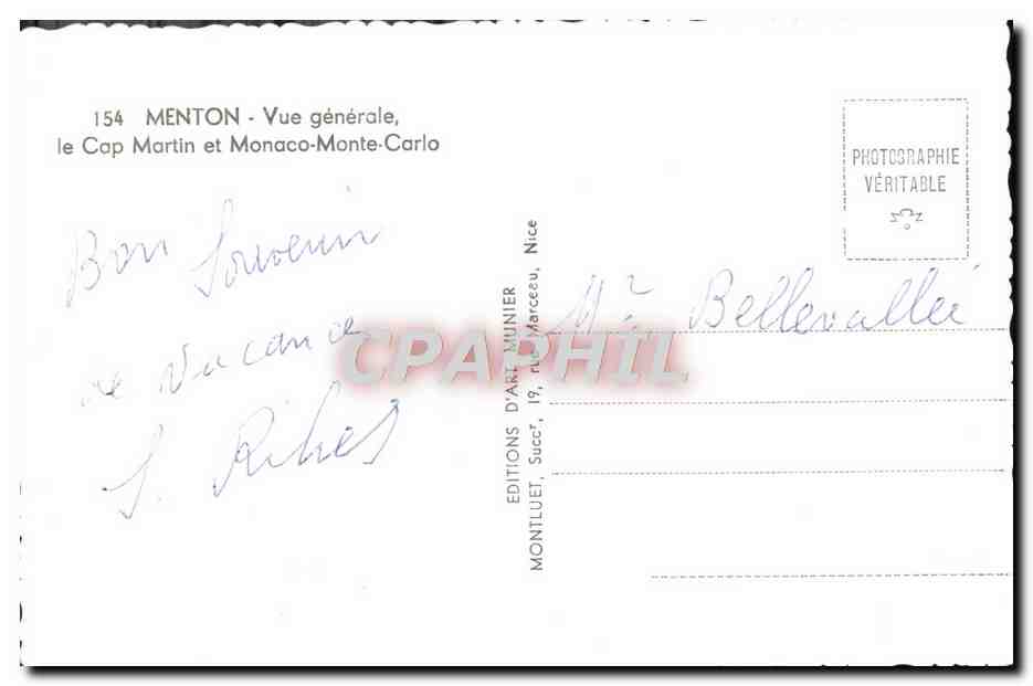 CPM Menton Vue Generale Le Coup Martin Et Monaco Monte Carlo — Verso