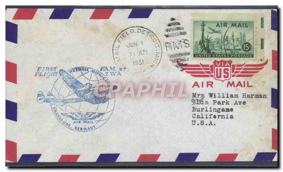 Premier vol Detroit - Francfort — TWA — 1er juin 1951 — timbre 15¢