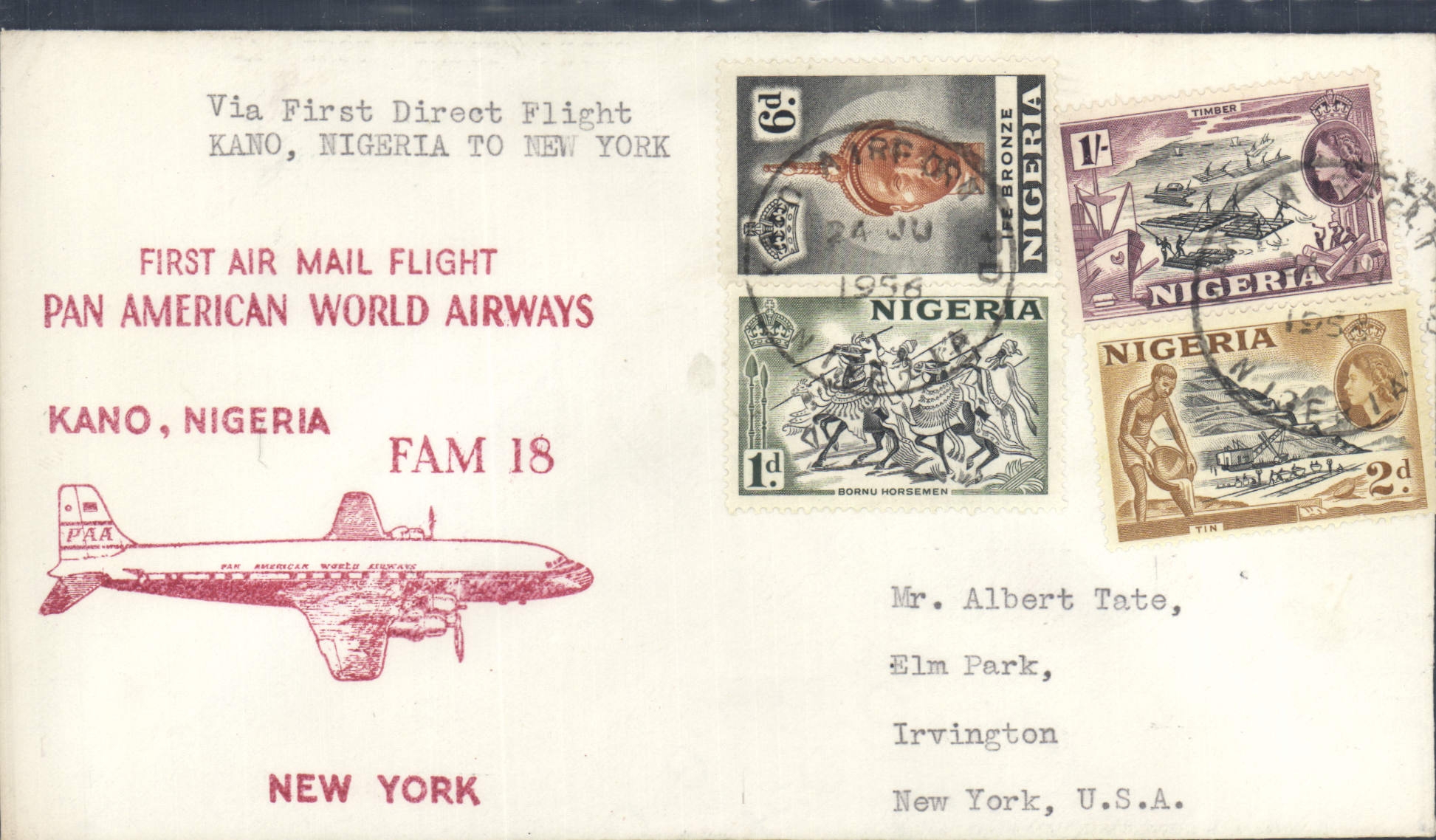 Lettre 1er vol Etats Unis Kamo Nigerio New York 26 6 1956