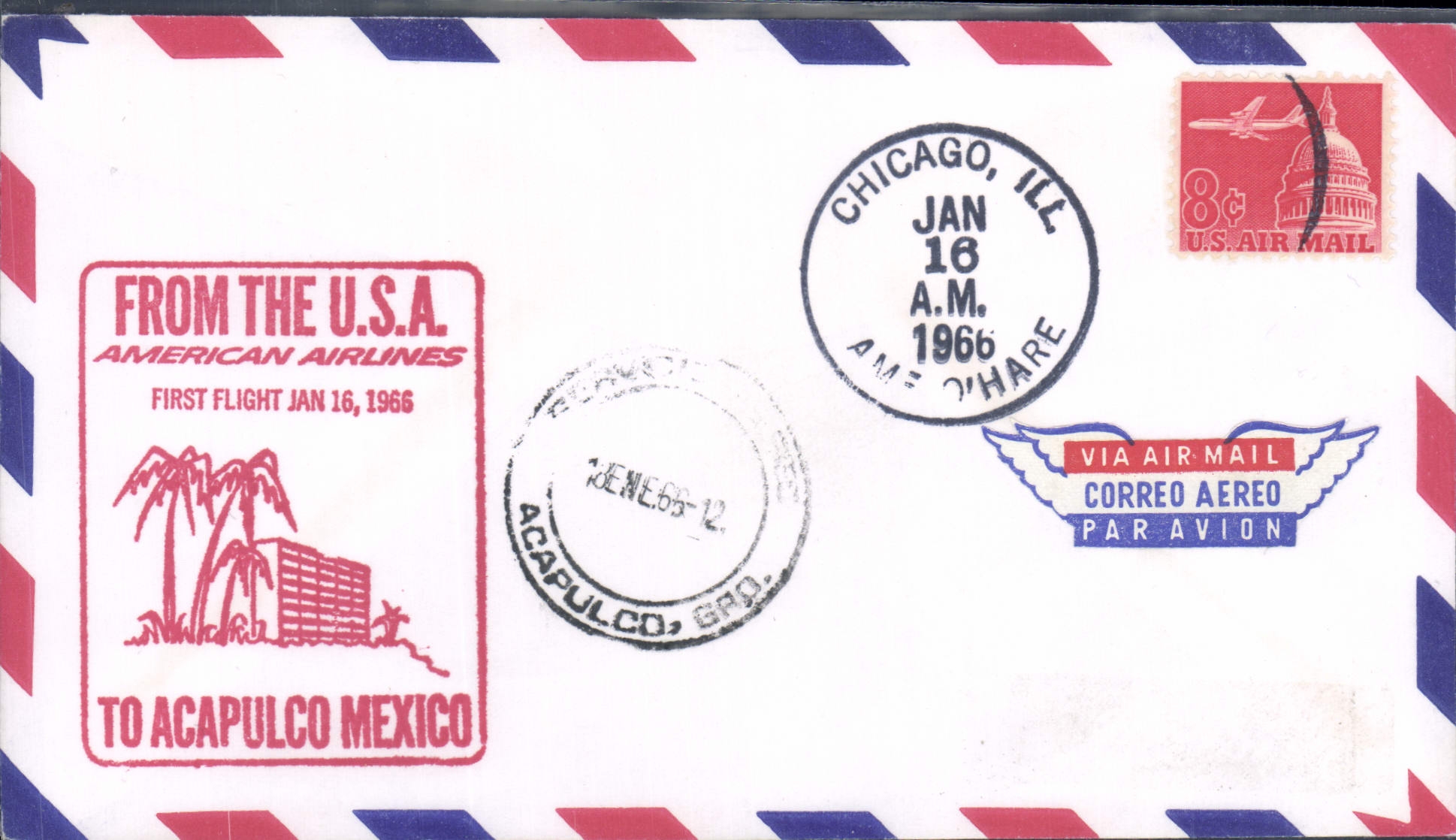 Acapulco, Mexico — premier vol American Airlines — Chicago, Illinois, 16 janvier 1966