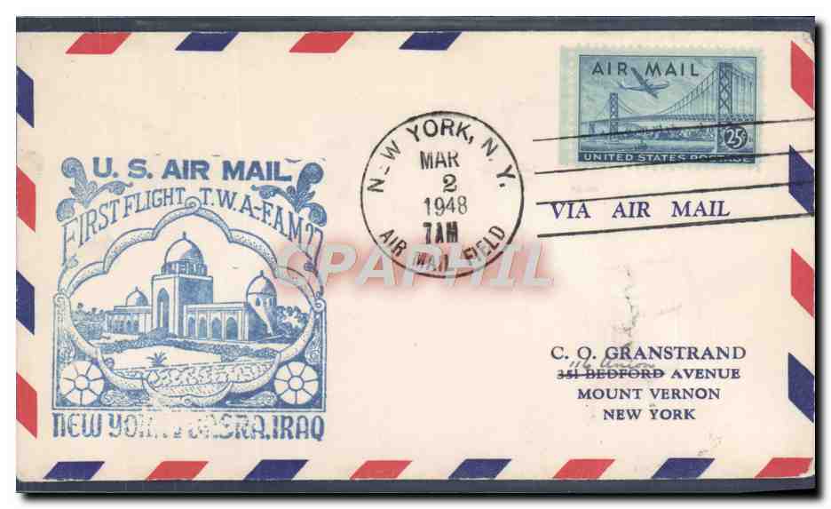 Lettre 1er vol Etats Unis New York Basra Iraq 2 3 1948