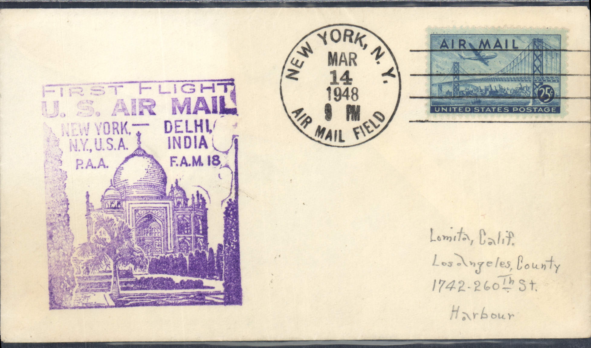 Premier vol New York-Delhi — Taj Mahal — U.S. Air Mail