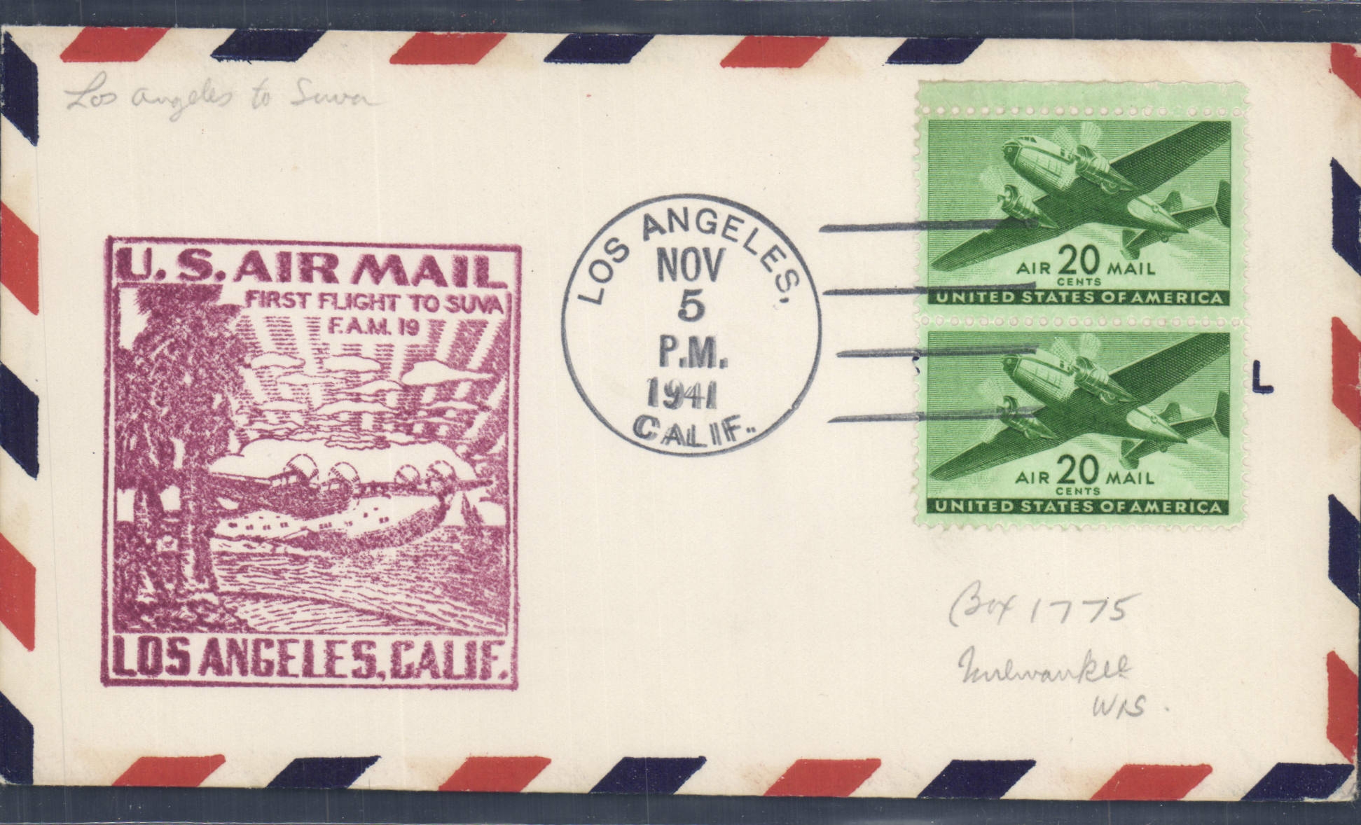 Premier vol Los Angeles à Suva — U.S. Air Mail — éditeur Los Angeles, Calif. — n° de série 1775