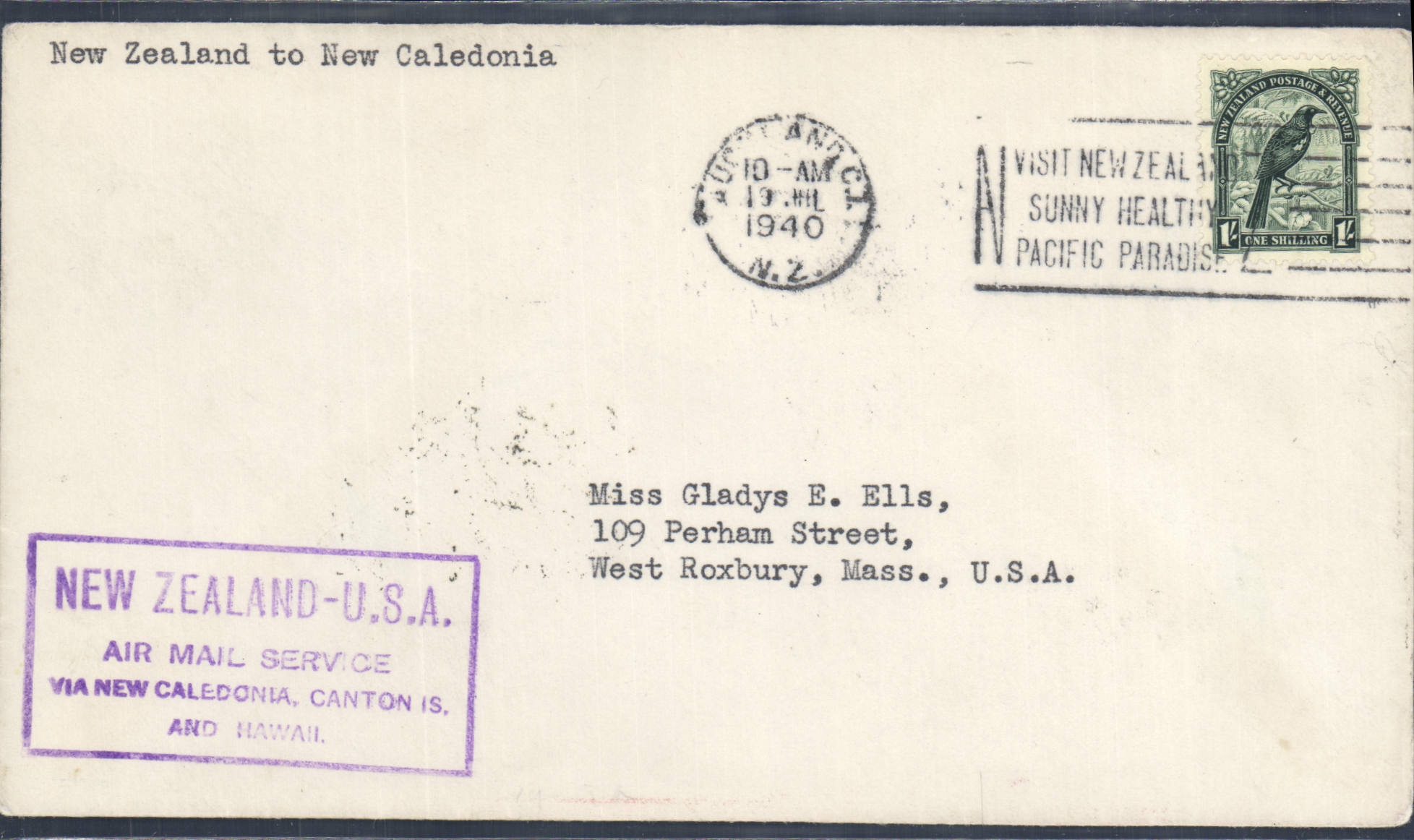 Lettre 1er vol New Zealand to New Caledonia 19 7 1940