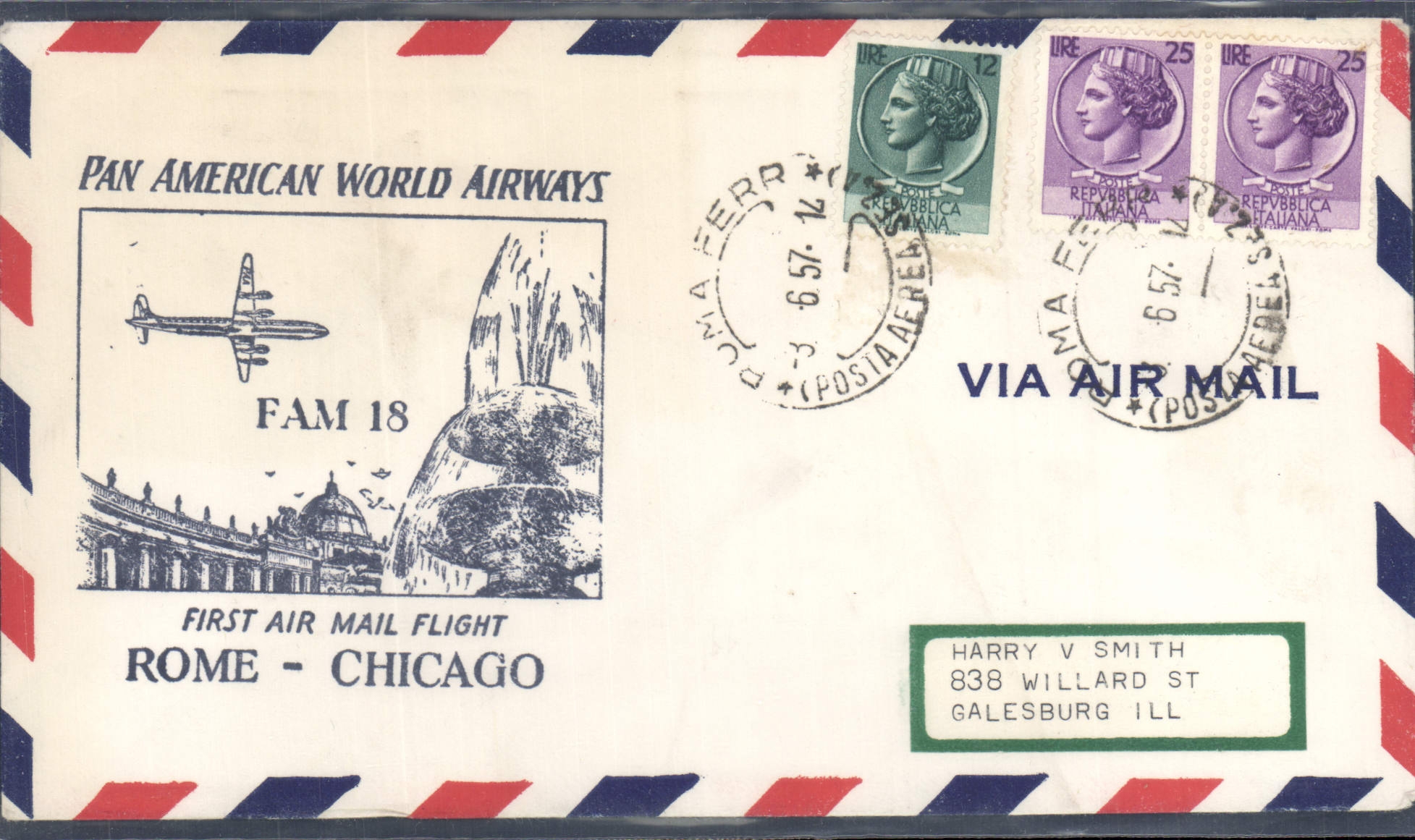 Lettre 1er vol Rome chicago 3 6 1957