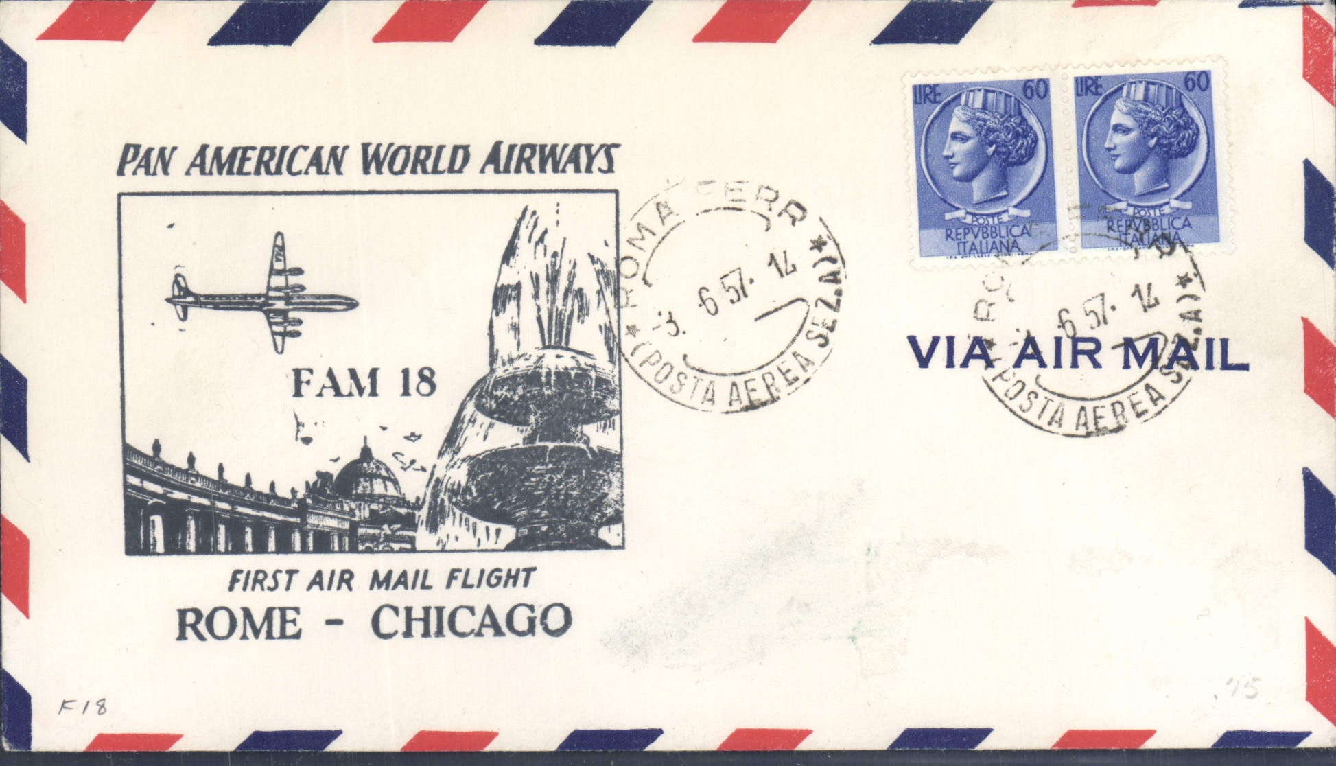 Lettre 1er vol Rome chicago 3 6 1957