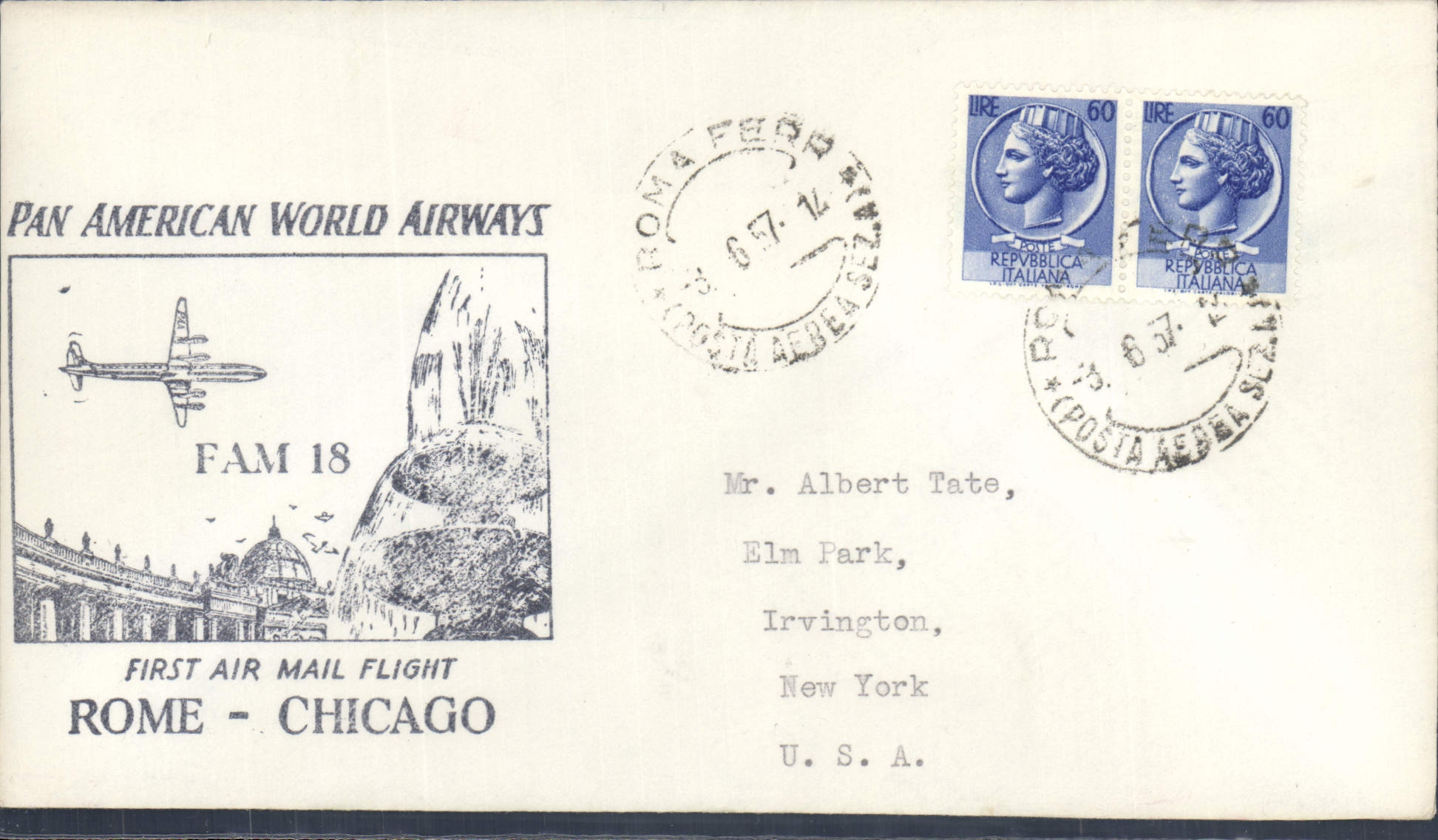 Lettre 1er vol Rome chicago 3 6 1957