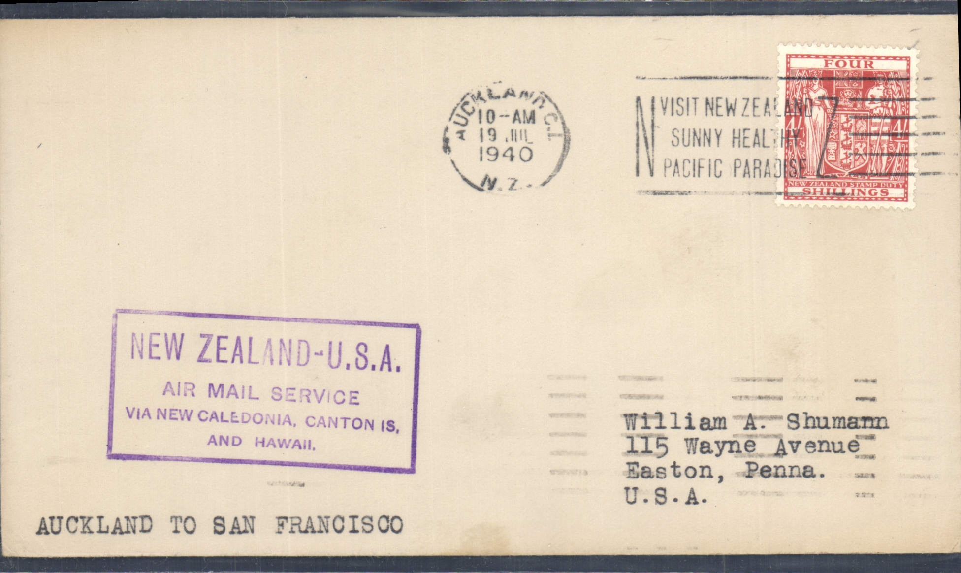 Lettre 1er vol New Zealand USA Auckland to san Francisco 19 7 1940