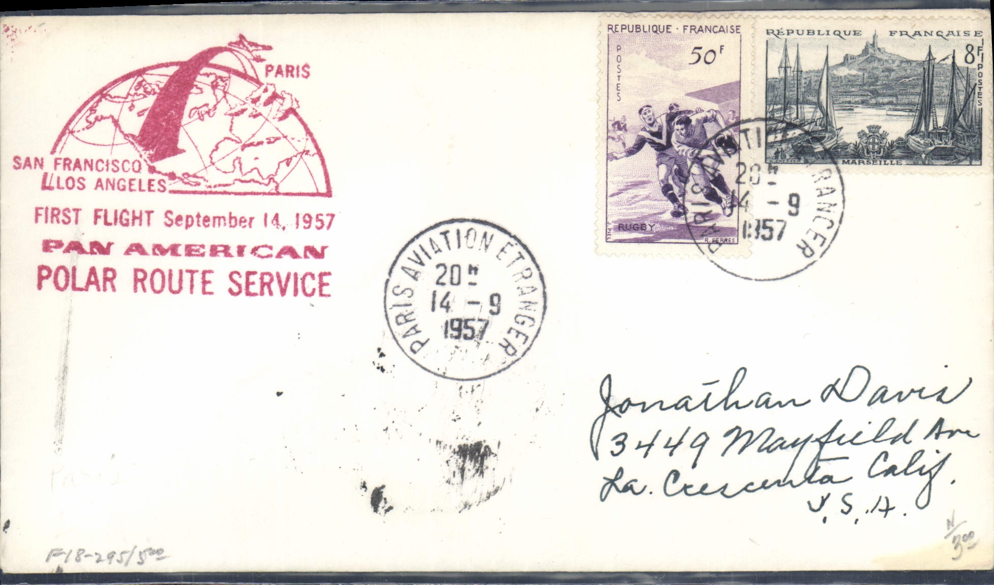 Lettre 1er vol Polar Route Paris San Francisco Los Angeles 14 9 1957 Rugby 