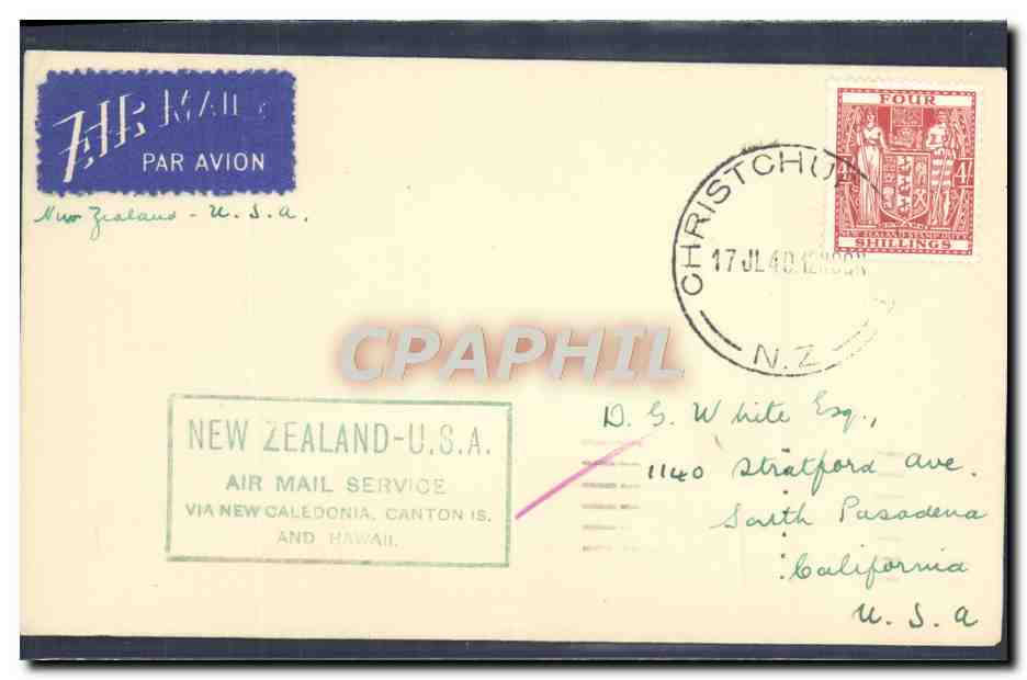 Lettre 1er vol New Zealand USA 17 7 1940 