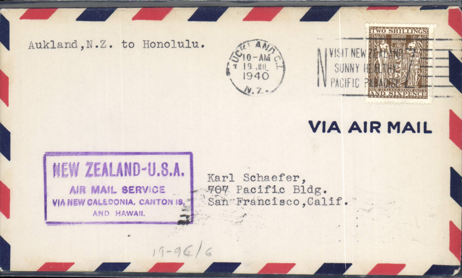 Lettre 1er vol New Zealand USA San Franisco 17 7 1940 