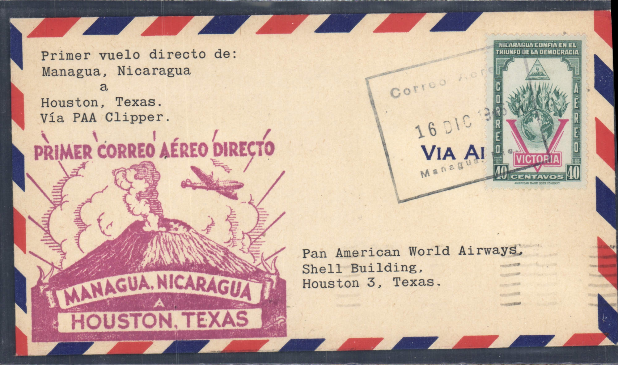 Lettre 1er vol Managua Houston 16 12 1946 Volcan 