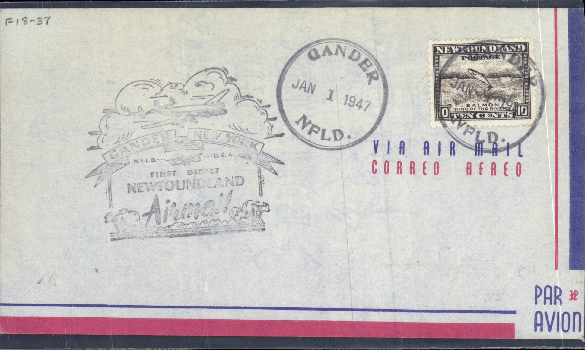 Lettre Newfoundland 1er vol Gander New York 1 1 1947