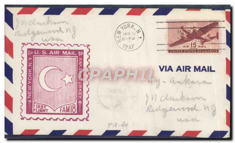 New York - Ankara — Premier vol aérien — U.S. Air Mail