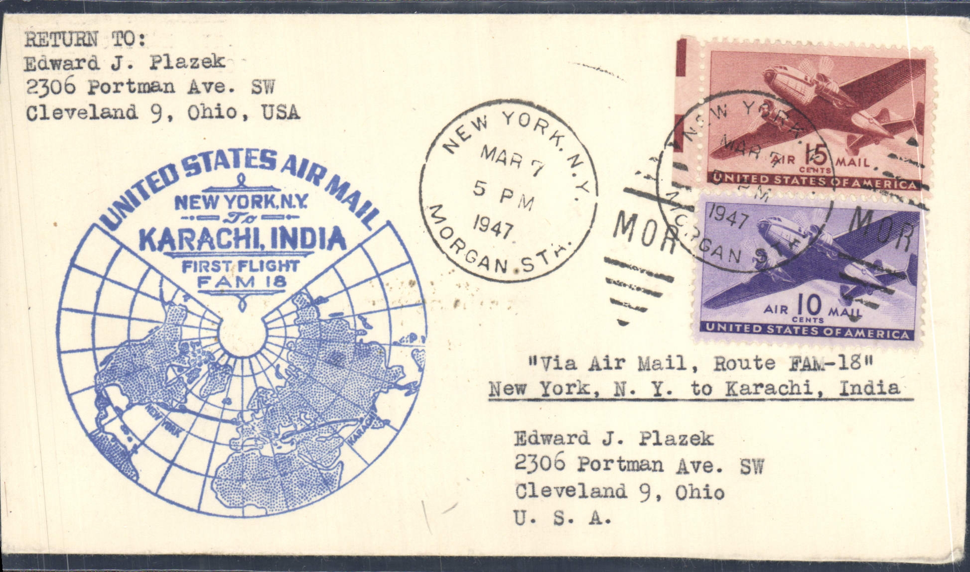 New York, N.Y. — Première vol vers Karachi, Inde — United States Air Mail