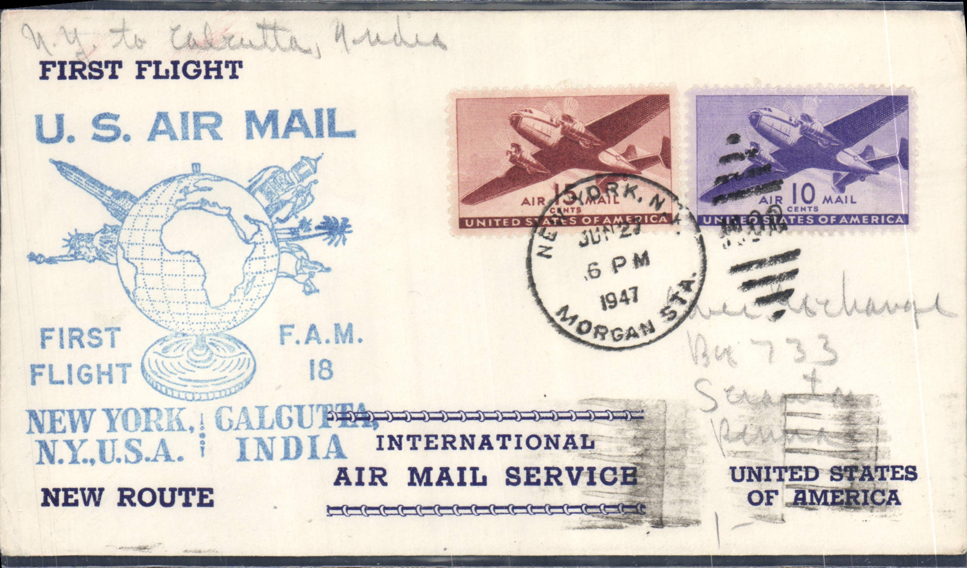 Primer vuelo New York-Calcutta — Servicio postal aéreo internacional — Editor F.A.M. 18