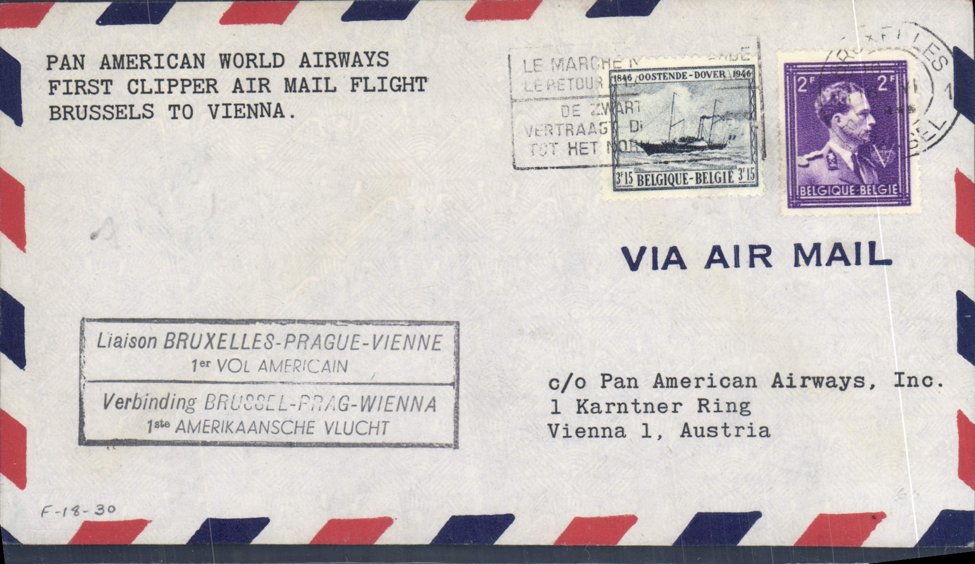 Lettre Belgique 1er vol Bruxelles Prague Vienne 16 6 1946