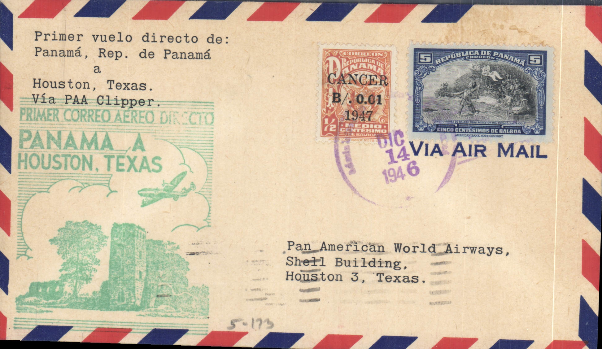 Lettre Panama 1er vol Panama Houston TExas 14 12 1946