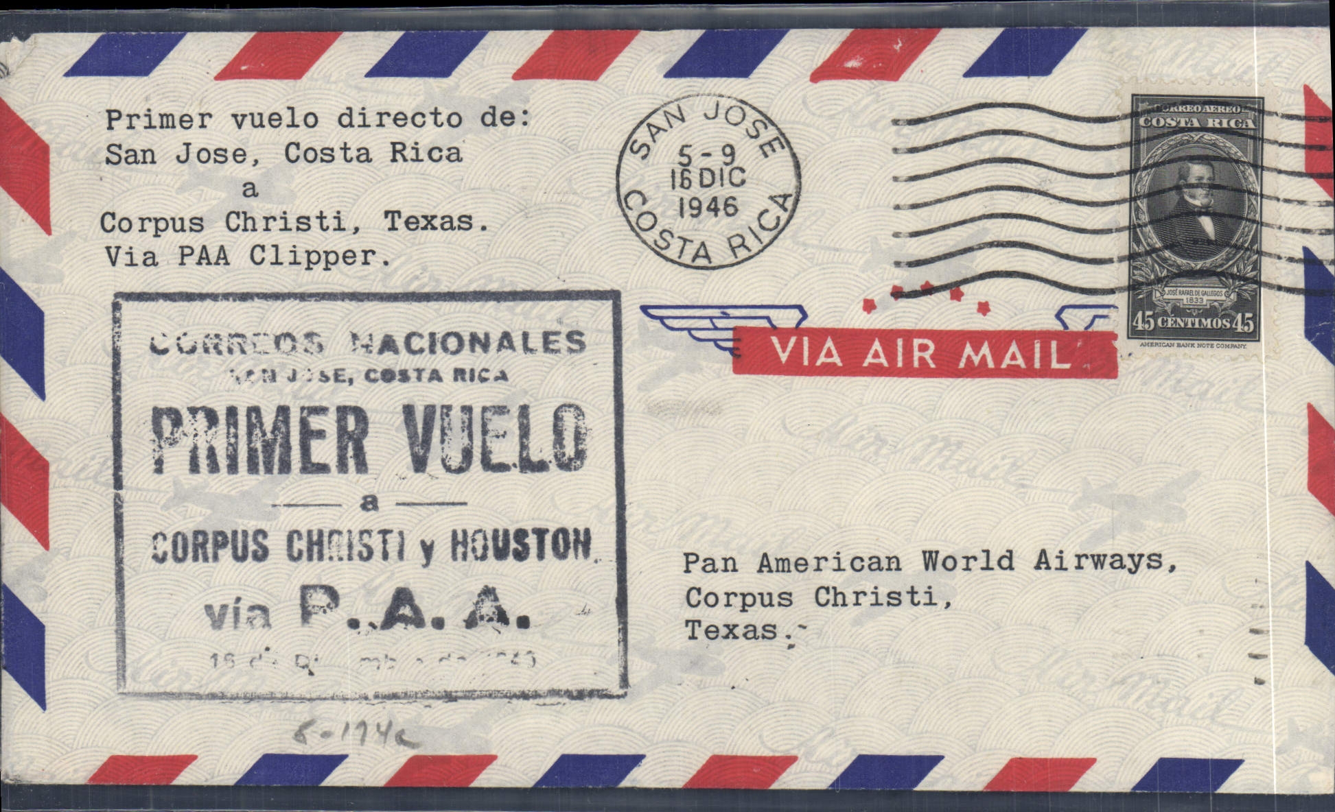 Lettre Costa Rica 1er vol 16 12 1946 San Jose Corpus Christi
