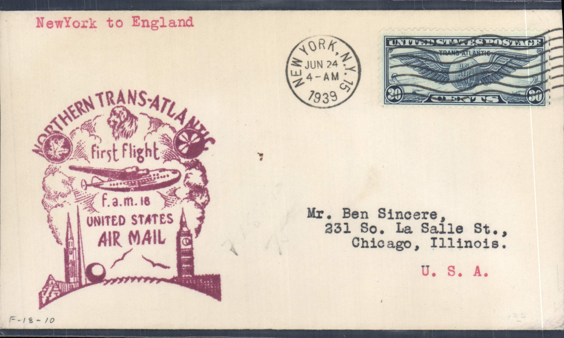 New York to England — Northern Trans-Atlantic First Flight — United States Air Mail