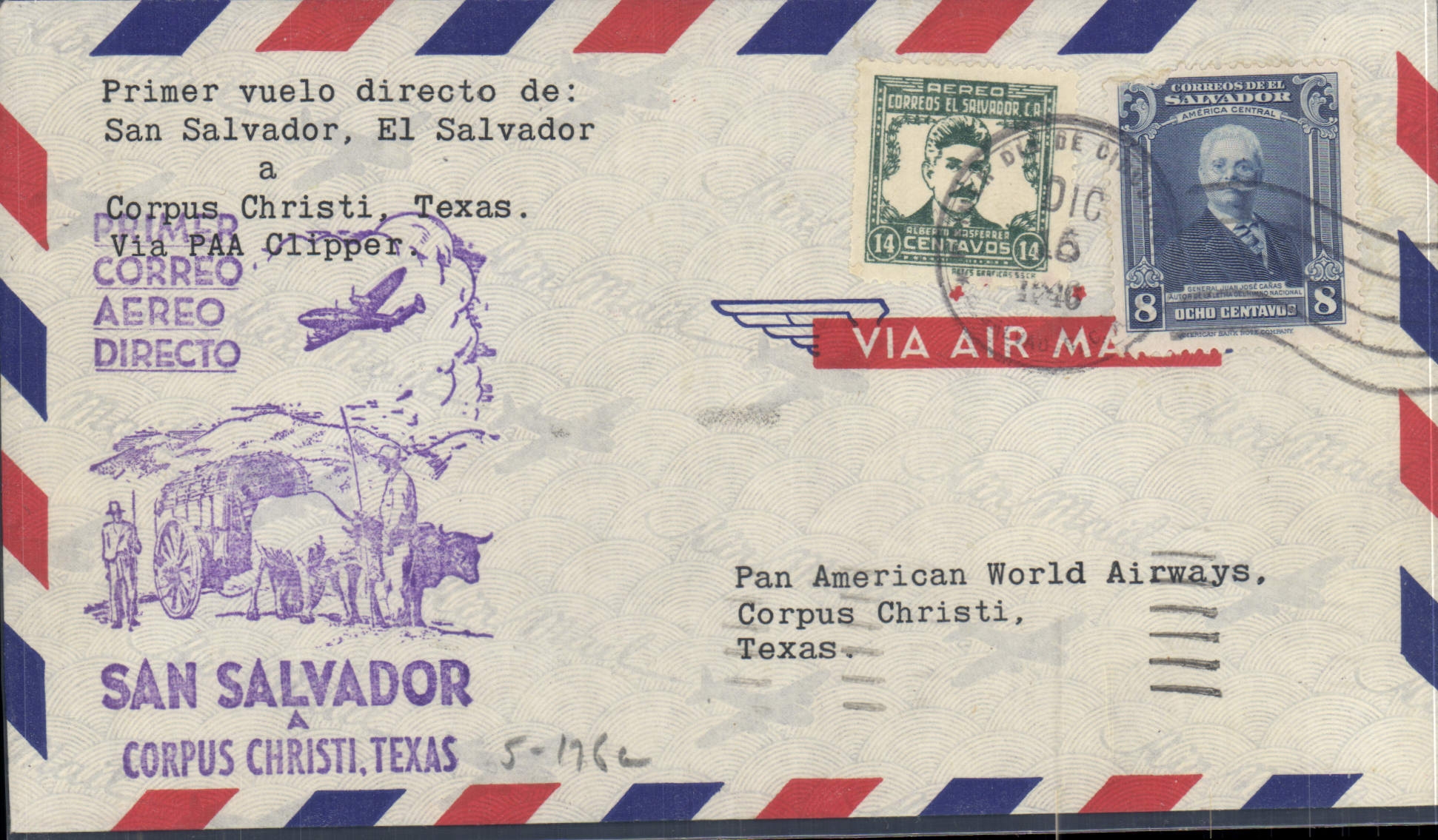 Lettre San Salvador 1er vol Corpus Christi 16 12 1946