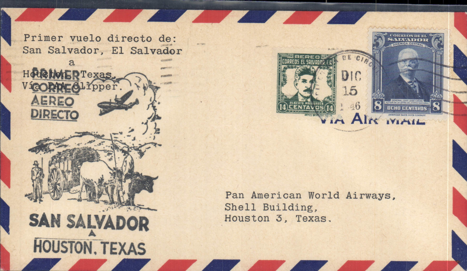 Lettre San Salvador 1er vol Houston 15 12 1946