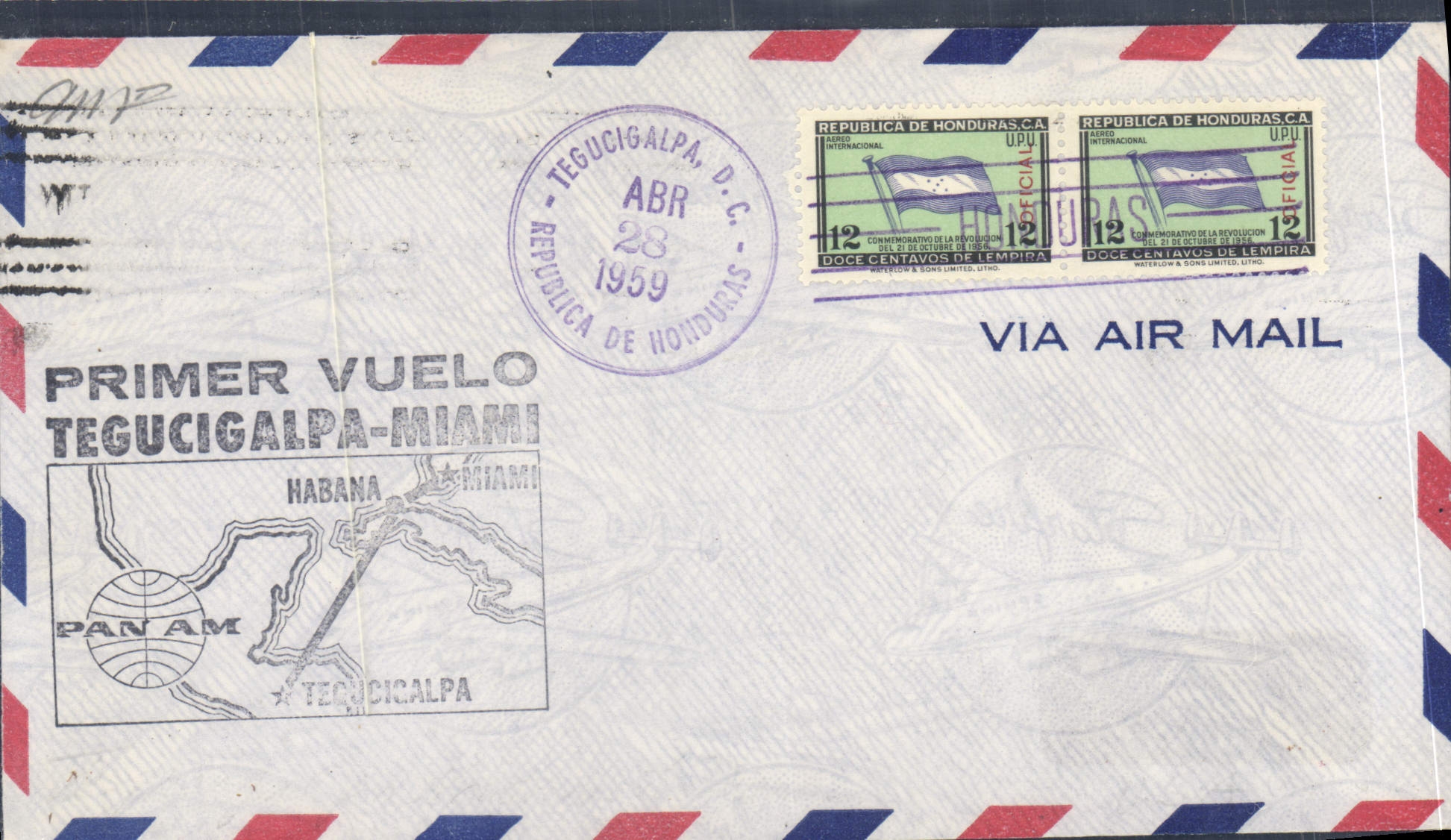 Lettre Honduras 1er vol Tegucigalpa Miami 28 4 1959