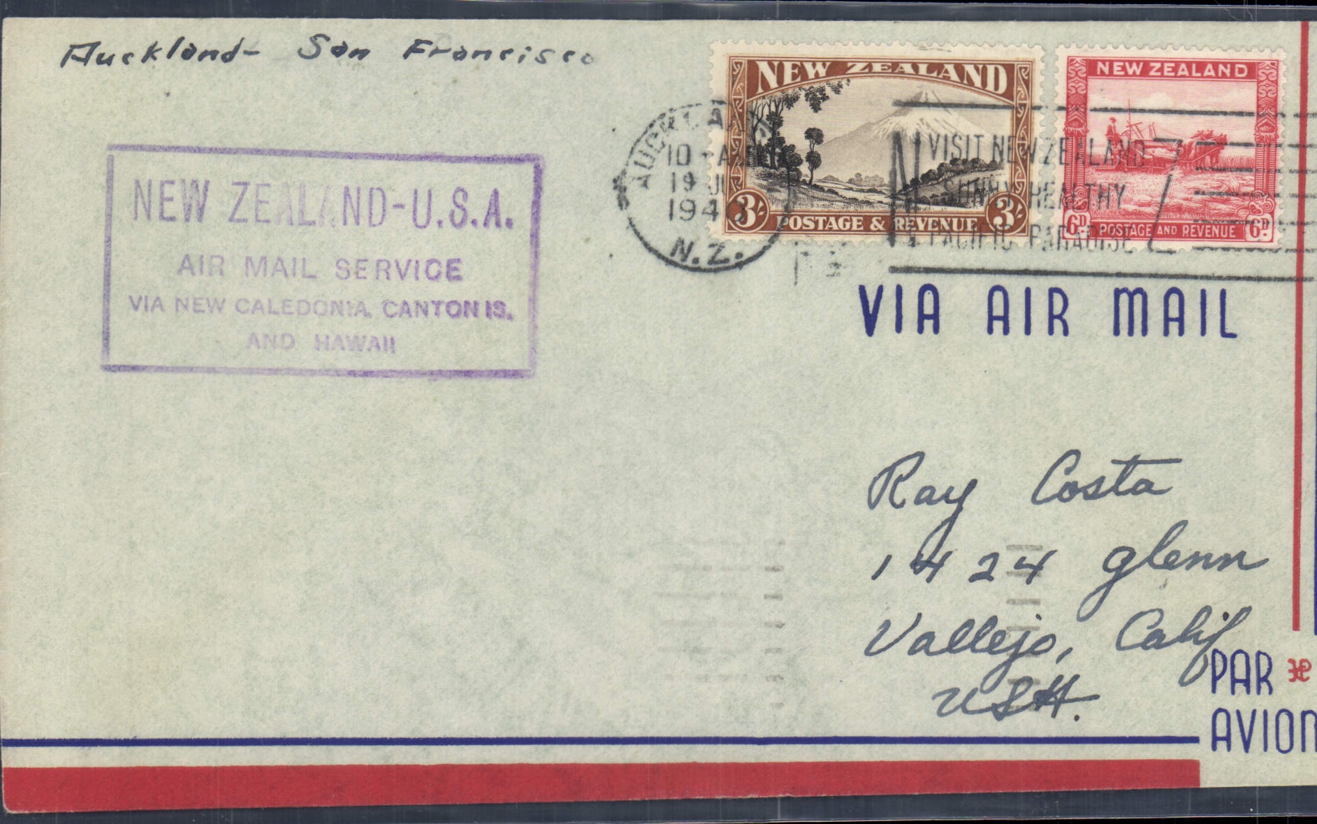 Lettre Nouvelle Zelande 1er vol tp USA 19 6 1940