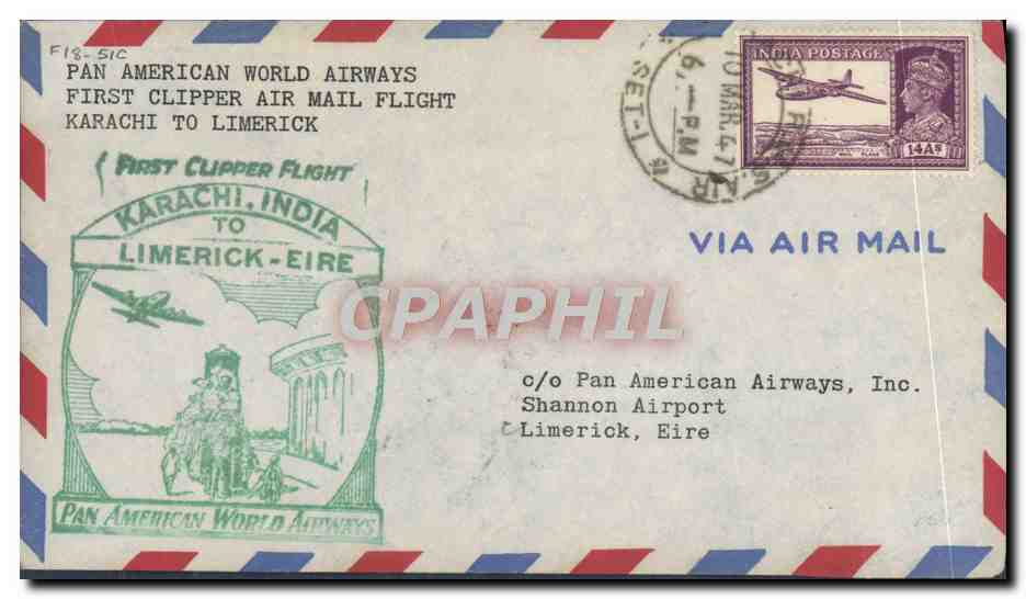 Lettre 1er vol Karachi Limerick Eire 10 3 1947 Elephant