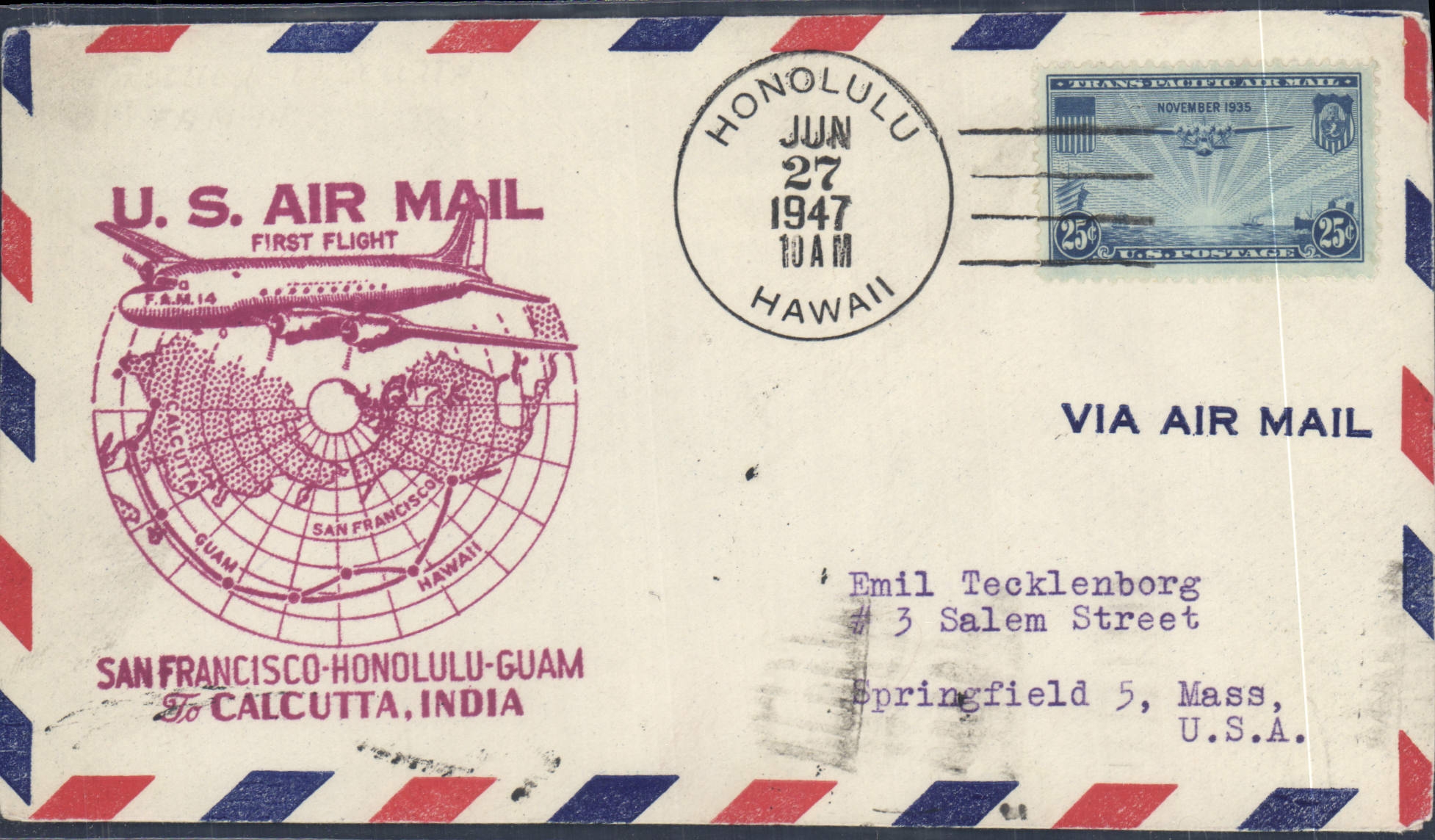 Lettre Etats Unis 1er vol San Francisco Honolulu Hawai Calcutta 27 6 1947