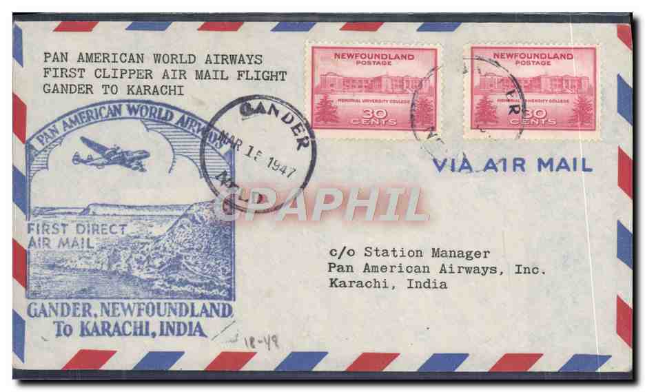 Lettre 1er vol Gander Karachi 15 3 1947