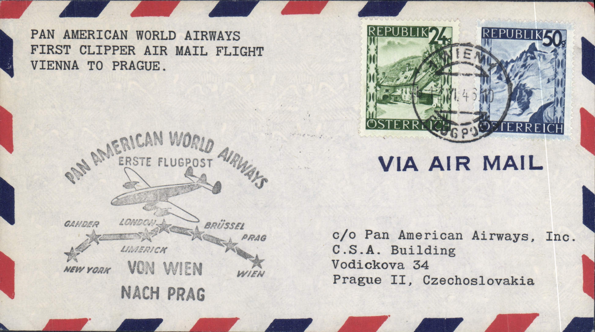 Lettre Autriche 1er vol Vienna to Prague 6 196