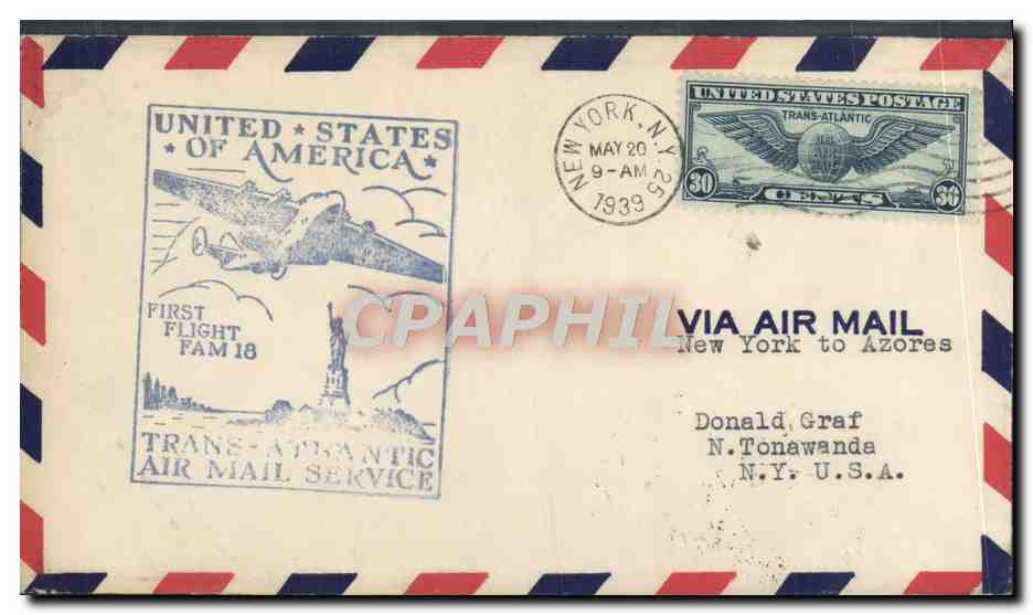 New York — primer vuelo transatlántico Tarjeta postal antigua 18 — Correos de Estados Unidos