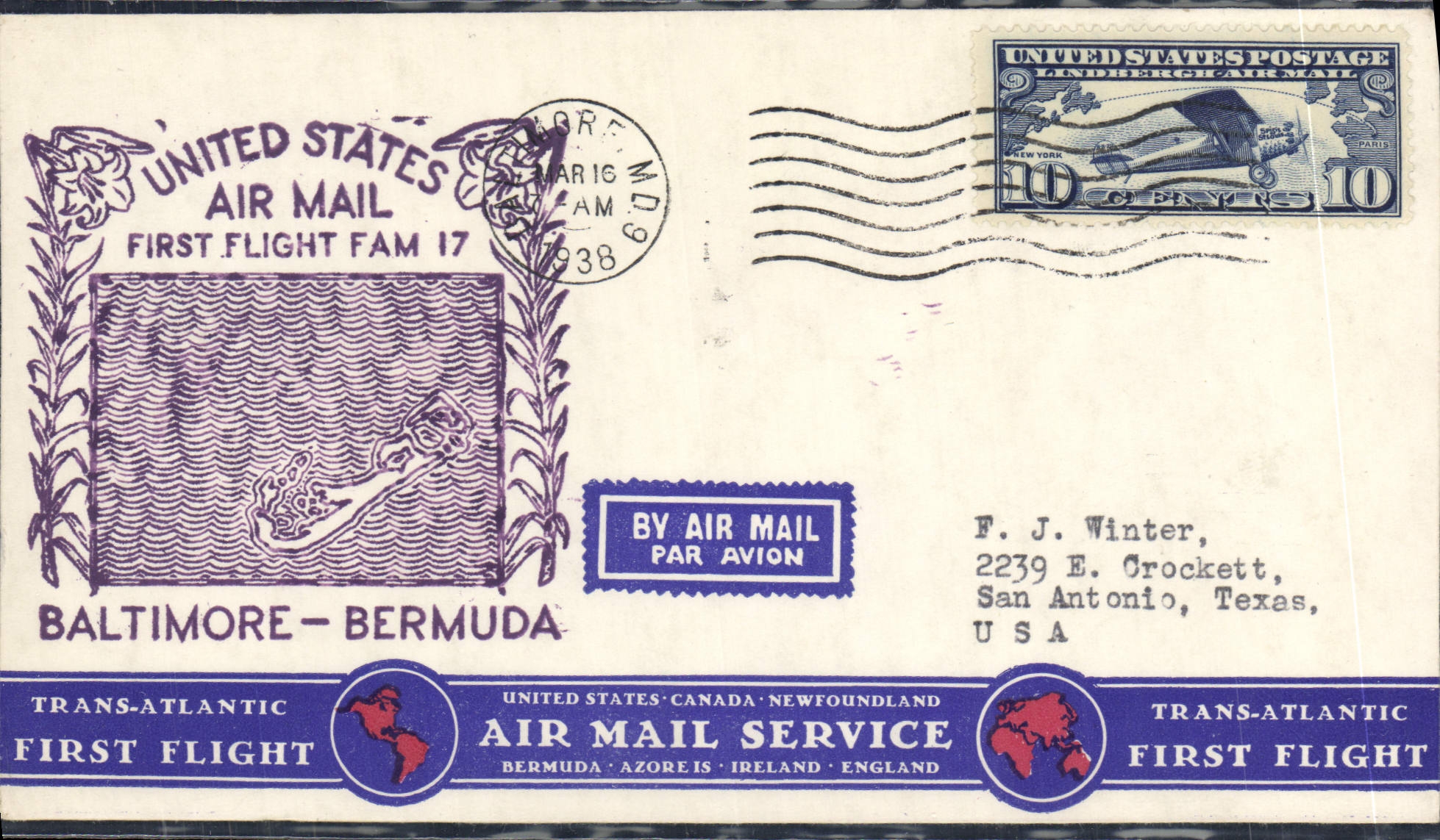 Lettre 1er Vol Etats Unis Baltimore Bermuda 16 3 1938