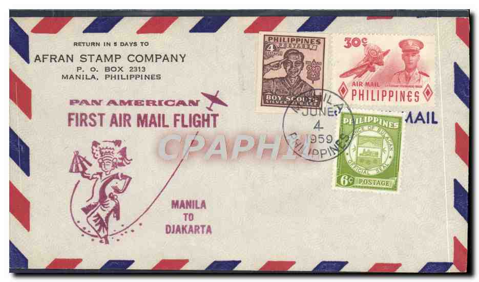 Lettre 1er Vol Philippines Manila Djakarta 4 6 1959