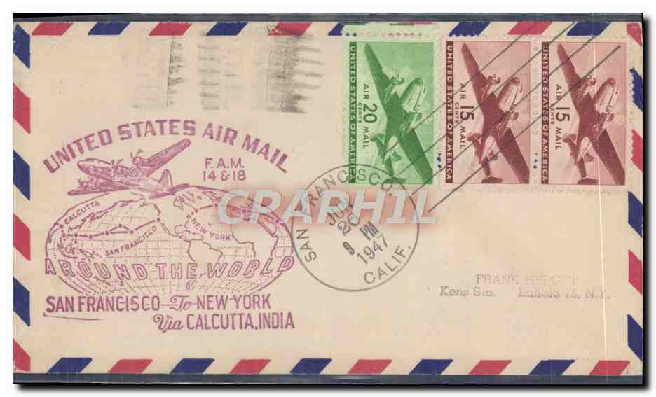 San Francisco - New York über Kalkutta, Indien — United States Air Mail, F.A.M. 14 & 18, Sonderausgabe 1947