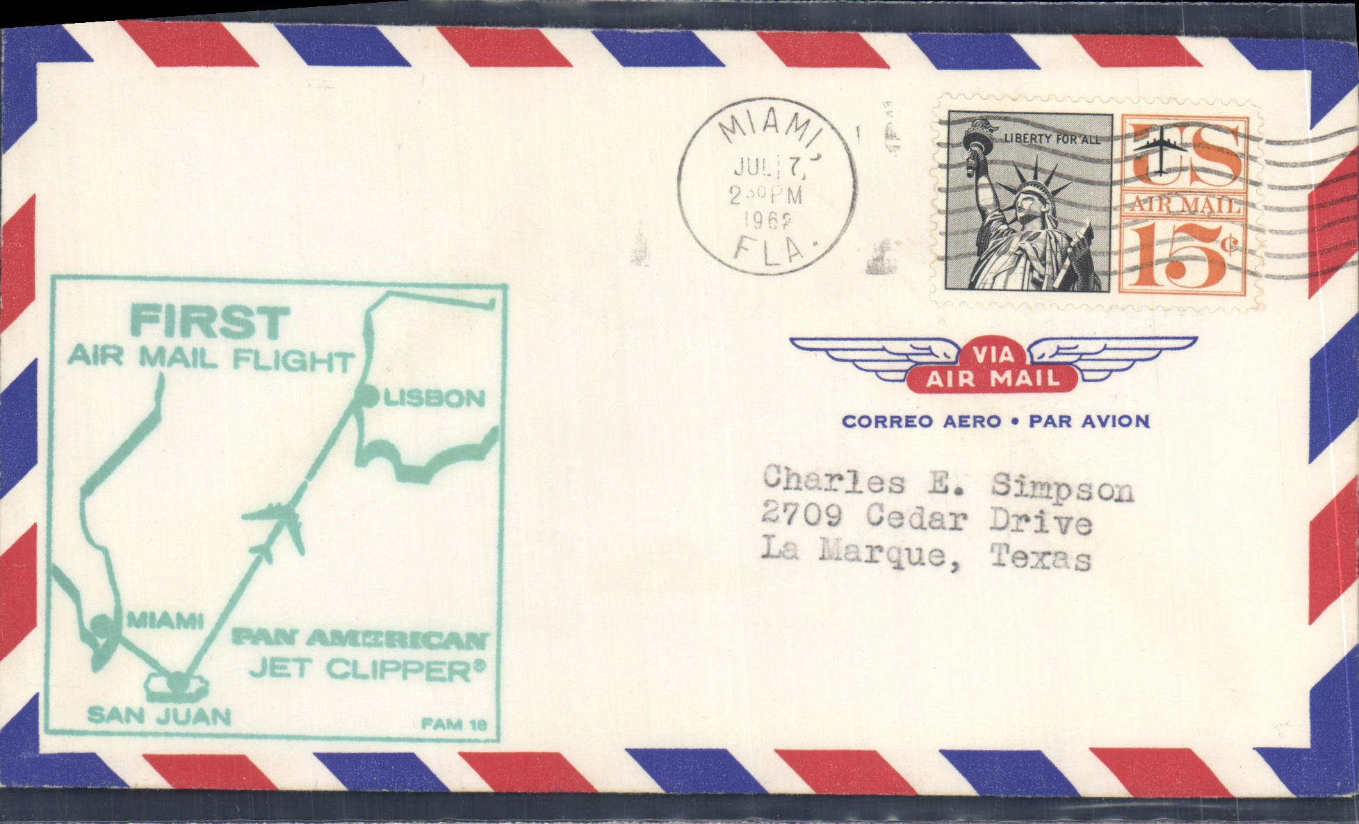 Lettre 1er Vol Etats Unis Miami San Juan Lisbon 7 7 1962