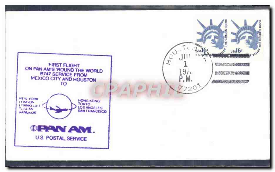 Premier vol Pan Am 'Around the World' — B747 — Houston, Texas — U.S. Postal Service